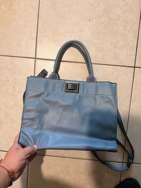 Mathew + Julian Blue Faux Leather Satchel with Striped Lining and Crossbody Stra